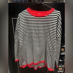 Striped Crewneck Sweater with Red Trim